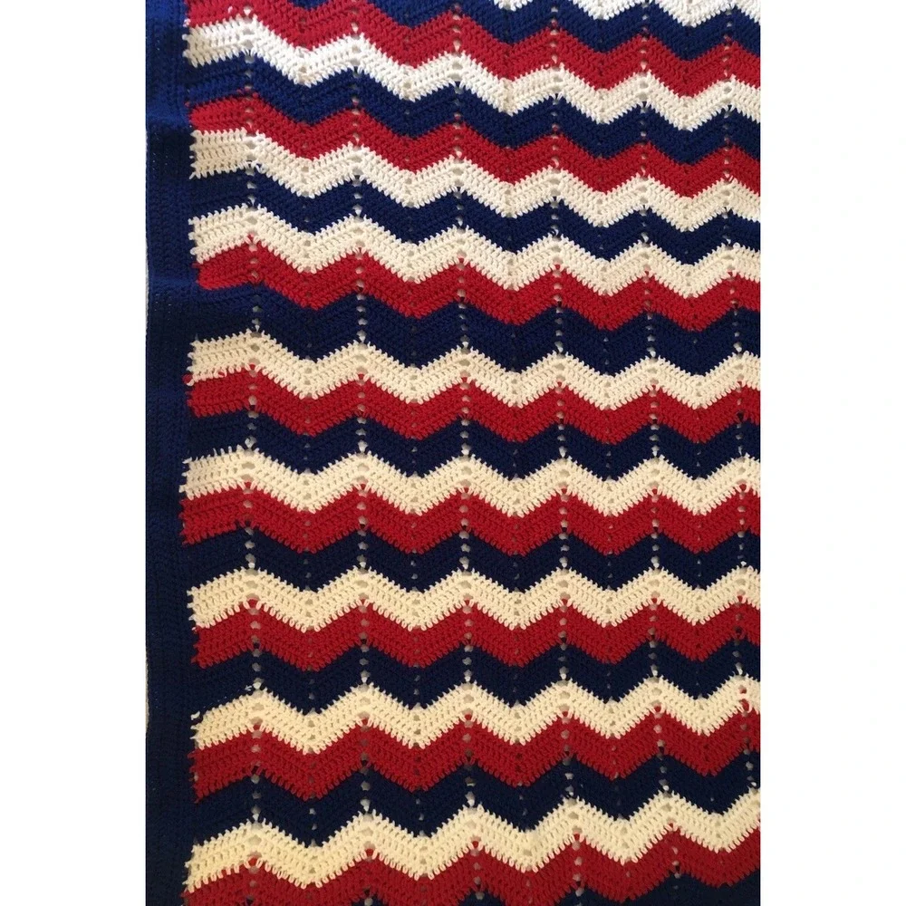 Granny Blanket Crochet Red White Blue Patriotic Americana Handmade Throw 32 X38